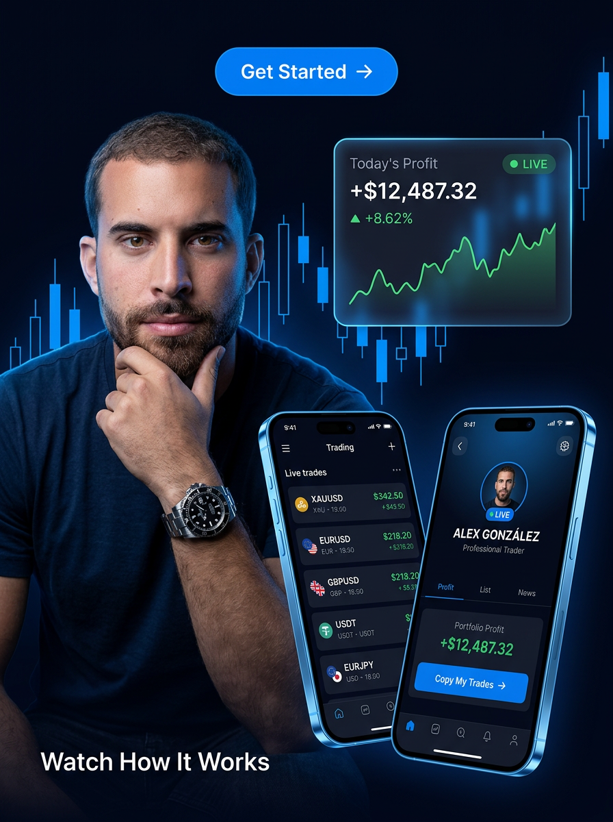 Alex González, founder and lead copy trader, with live profit and copy-trading app preview